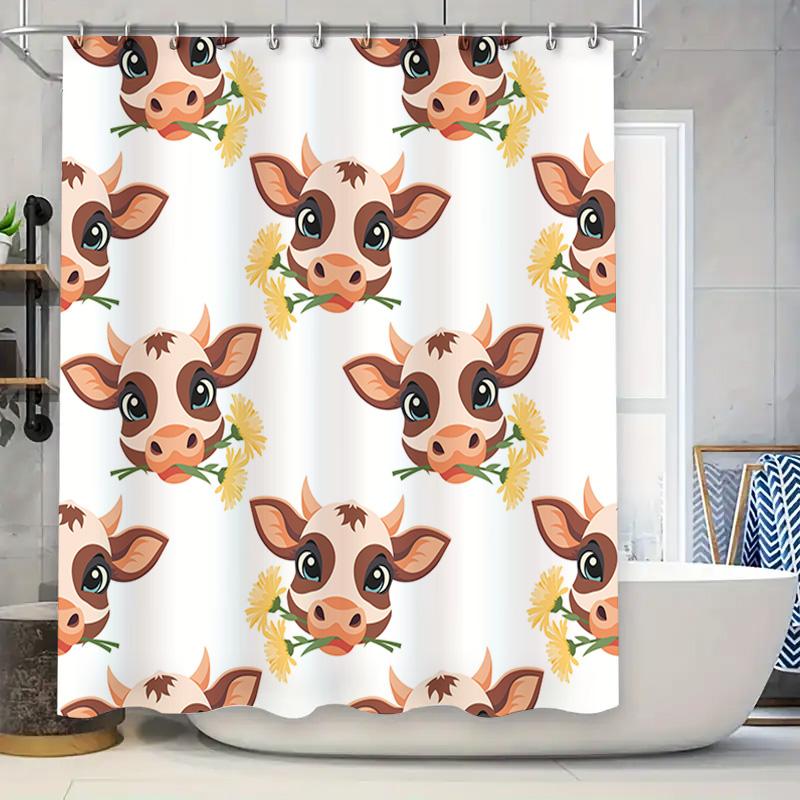 

Cute Cow Print Shower Curtain Bathroom Decor Farm Animal Design For Kids Room Or Kid S Gift Yellow Flower Pattern Plush Fabric W W60H190(CM)-1 Pcs