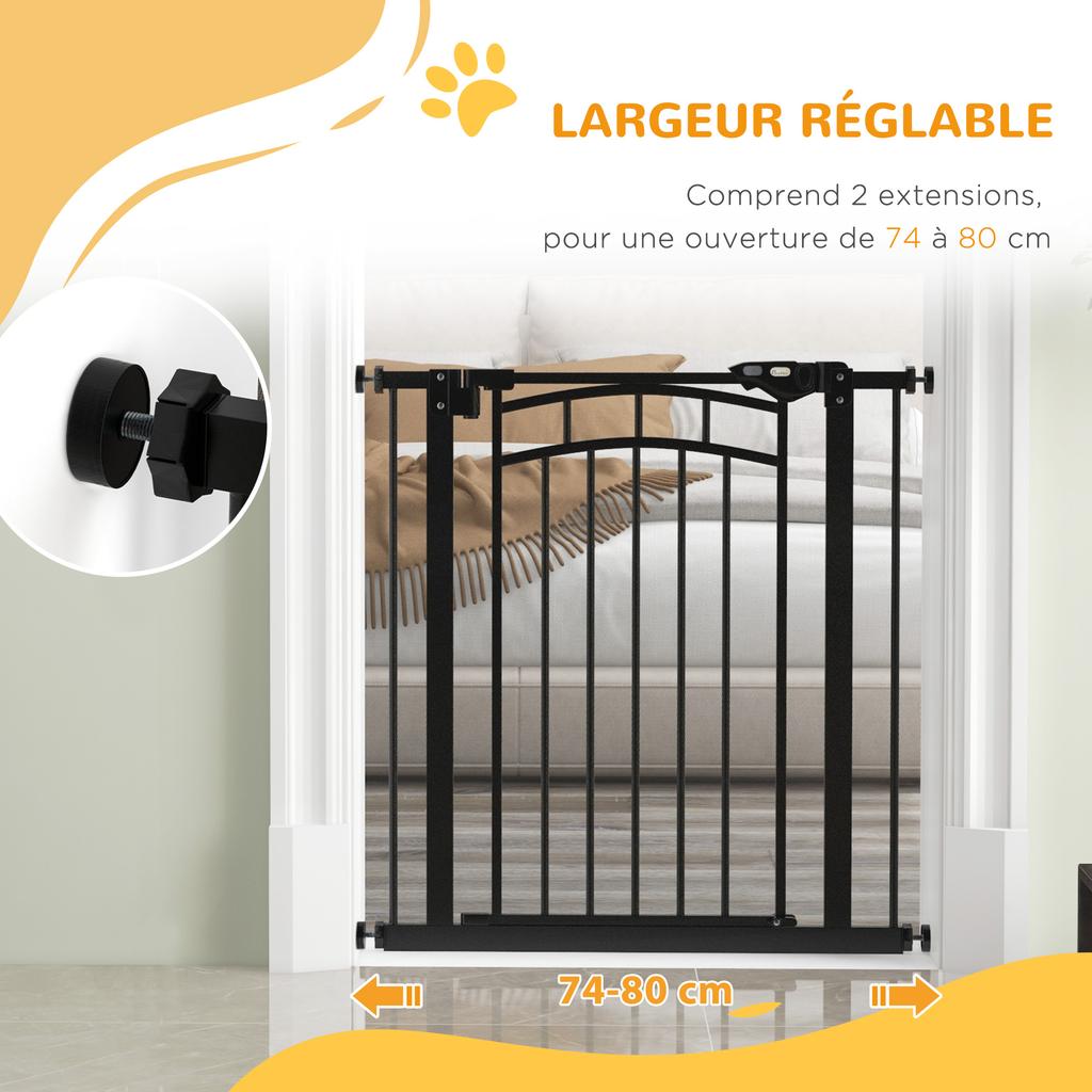 Dog Safety Gate Extendable Stair Gate Double Locking 74-80 X 76 Cm Black