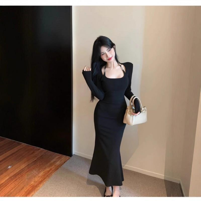 Elegant Off-Shoulder Long Sleeve Midi Dress Women Fall 2025 Slim Fit Bodycon Fishtail Skirt With Cut-Out Detail