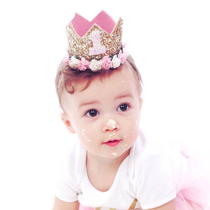 Baby First Birthday Crown Baby Girl 1st Birthday Party Gift Glitter Princess Crowns White Pink Roses Hat One Year Old Gift