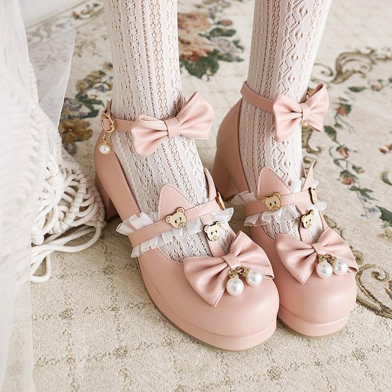 Plus Size Shoes Lace Women Bow Buckle Cute Lolita Girls Shoes Cartoon Bear Pearl Mary Jane Shoes