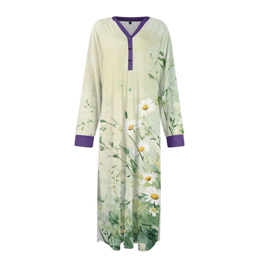 Damska koszula nocna, modna, drukowana, długa, szlafrokowa, piżama z dekoltem w serek i kieszeniami