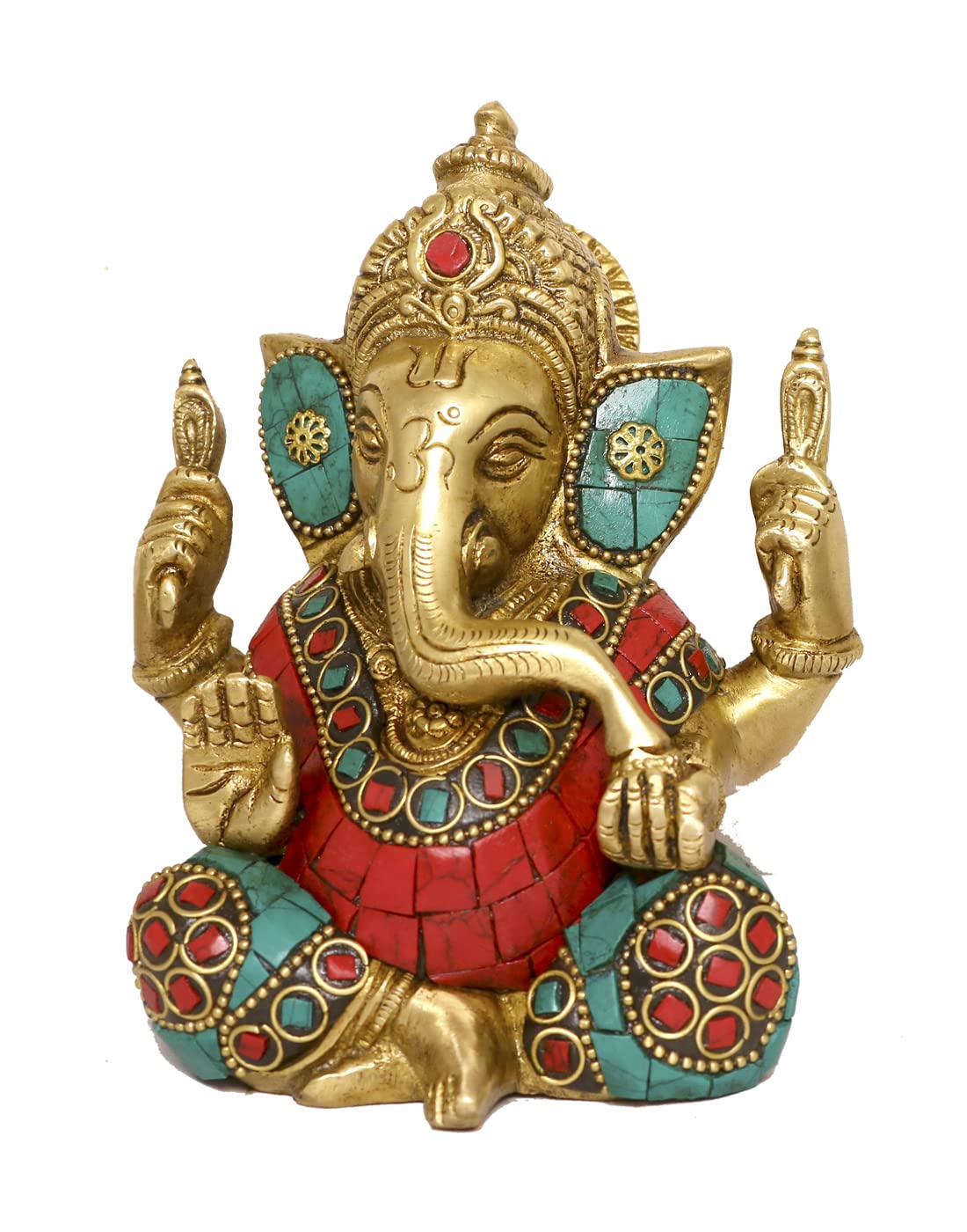 

Pure Brass Idol Of Shri Ganesha Statue, Ganpati In Multicolor Stone Finishing