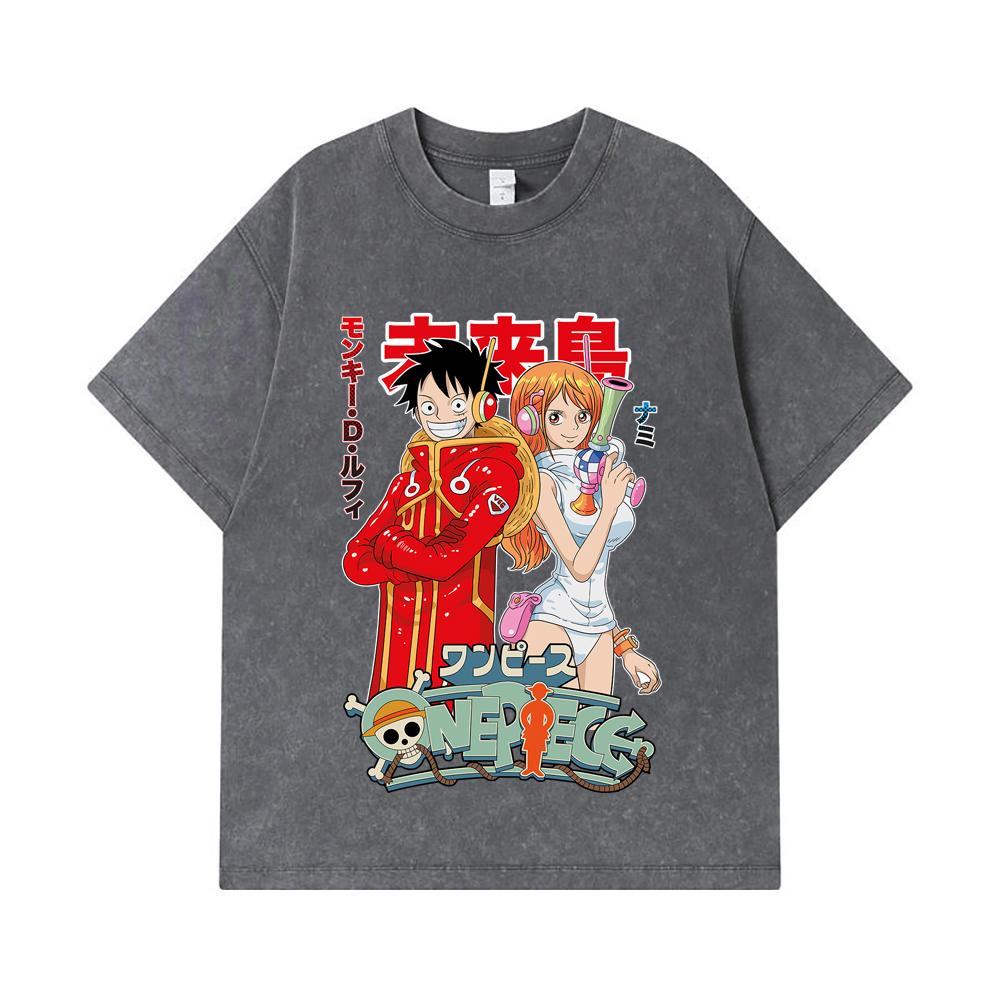 275 GSM Washed T-shirts 100% Cotton One Piece V71 Luffy Nami Egghead Print Unisex Heavy Cotton T Shirt