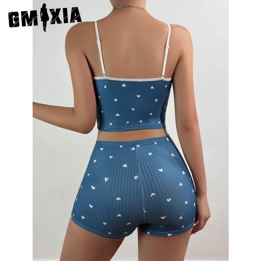GMXIA Summer Homewear Heart-shaped Printing Bow Halter Home Leisure Suit Pajamas