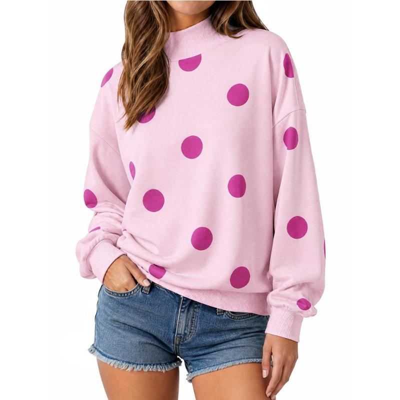 Women S Loose Half High Neck Long Sleeve Polka Dot Pullover Sweatshirt