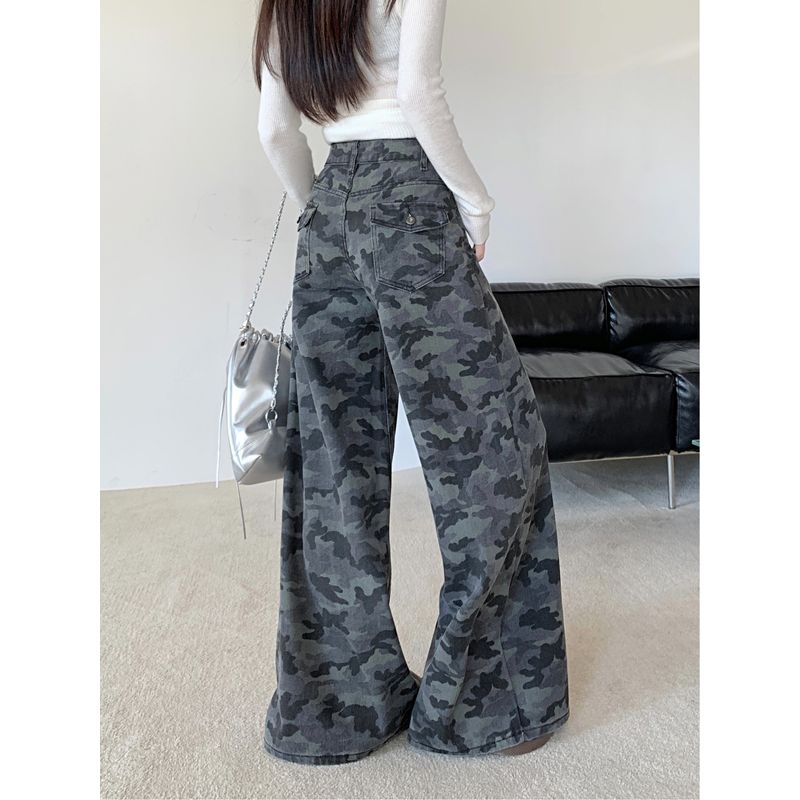 American Retro Camouflage Pants Denim Loose Pants Female Summer High Waist Loose Niche Style Casual Mopping Pants Straight-Leg Pants