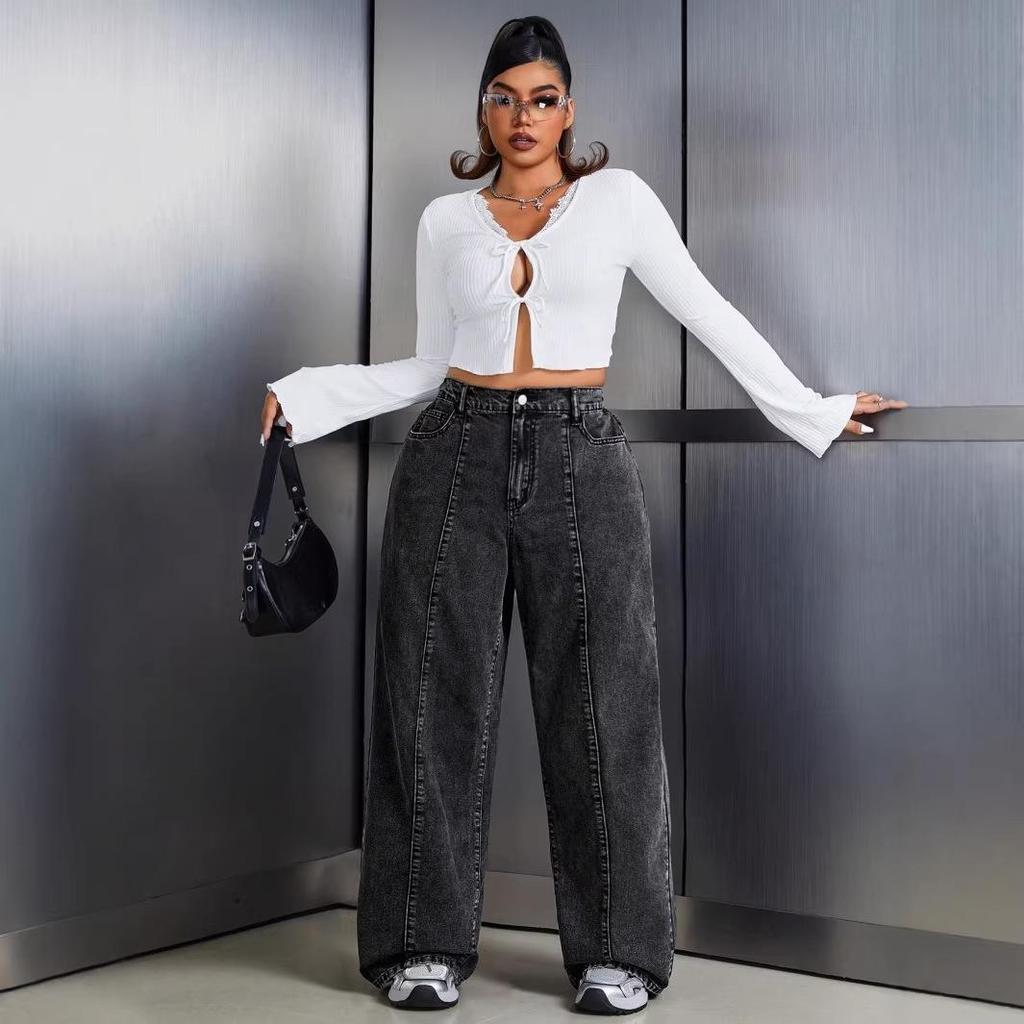 2026 European Plus Size Distressed Cropped High-Waisted Wide-Leg Baggy Jeans
