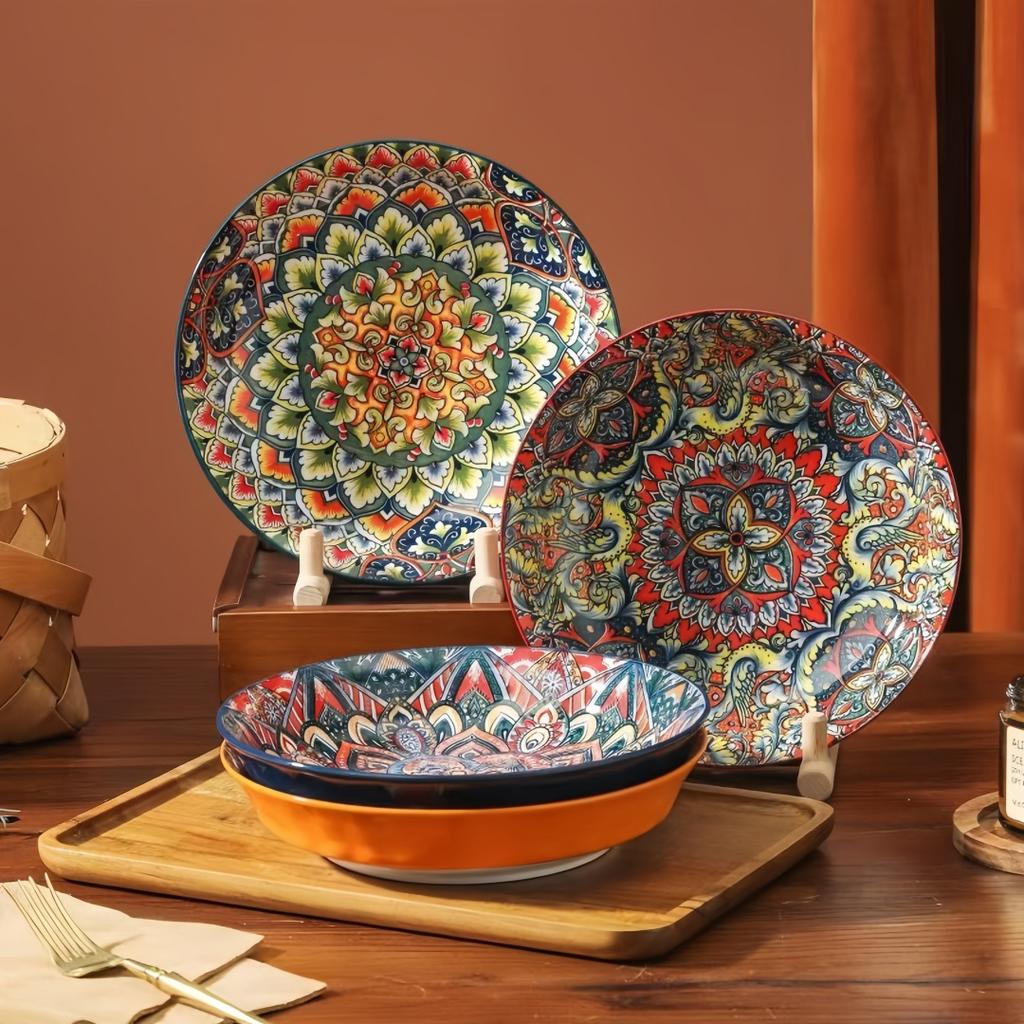 Kreativer Keramikteller Gemüseteller Haushaltsgeschirr Steakteller runder flacher Teller Western-Food-Teller handbemalt europäisch