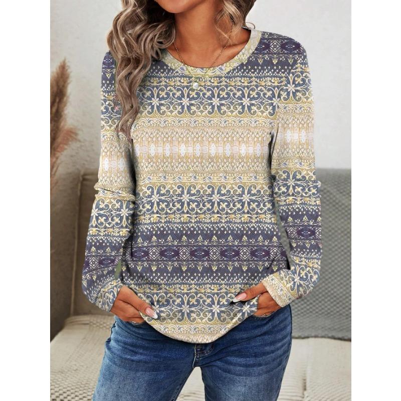 Women's T-shirt 3D Retro Ethnic Print Fashion Long Sleeve Round Neck Regular Top Holiday Weekend Spring Autumn