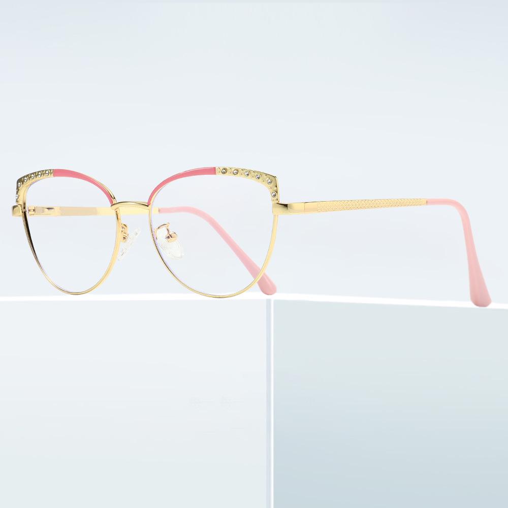 Color-Changing Anti-Blue Light Cat Eye Glasses with Rhinestones and Myopia-Compatible Flat Lenses