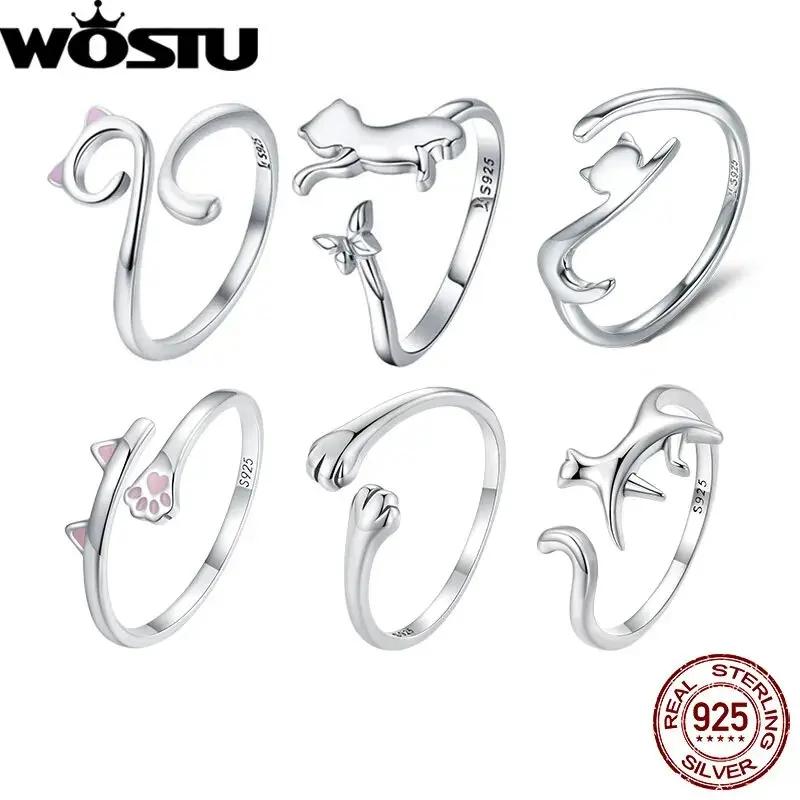WOSTU 925 Silver Pet Cat Stackable Opening Ring For Women Snake Dog Adjustable Rings Fine Jewelry Party Birthday Gift
