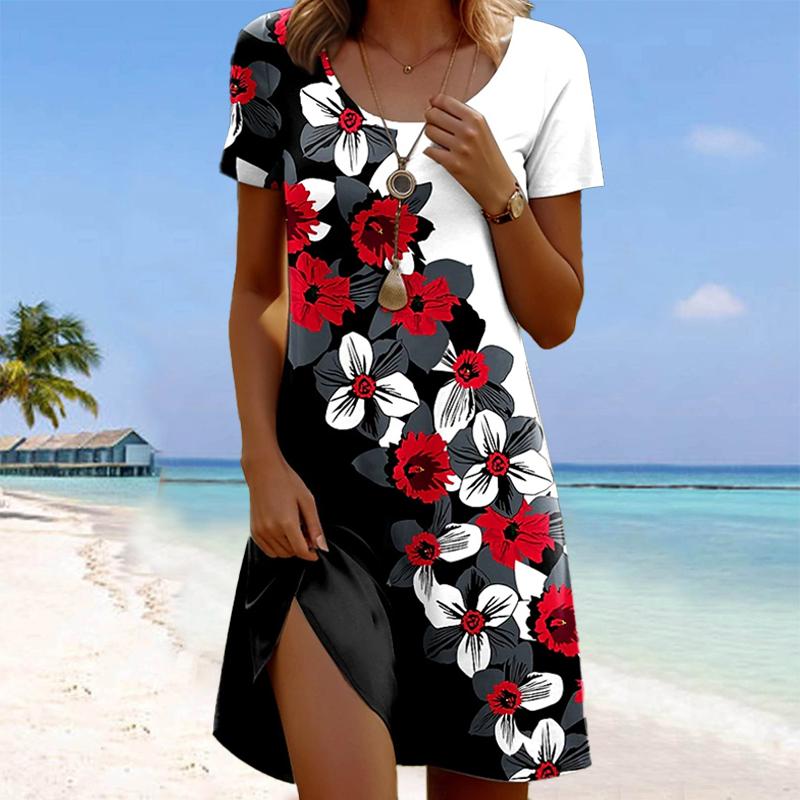 Women's Fashion Graceful Retro Flower Print Summer Spring Short Sleeve O-Neck Casual Dresses