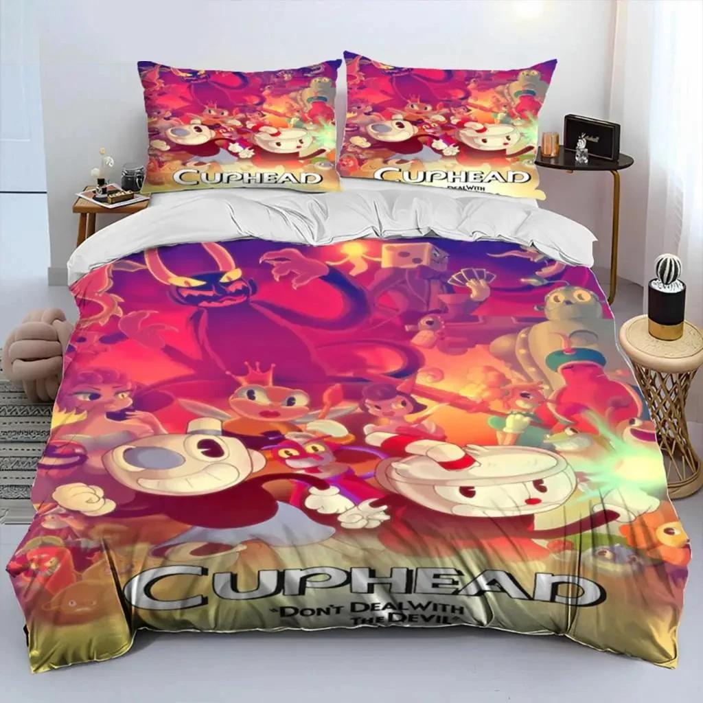 Parure de lit dessin animé Cuphead et Mugman pour garçons et filles, housse de couette double, queen size, taie d'oreiller, lit pour enfants et adultes, textile de maison