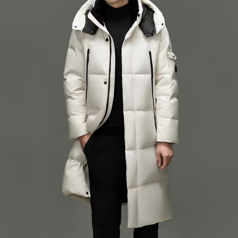 Brand 2025 Men's Winter Hooded Over-the-Knee Long Down Jacket with Fleece Lining