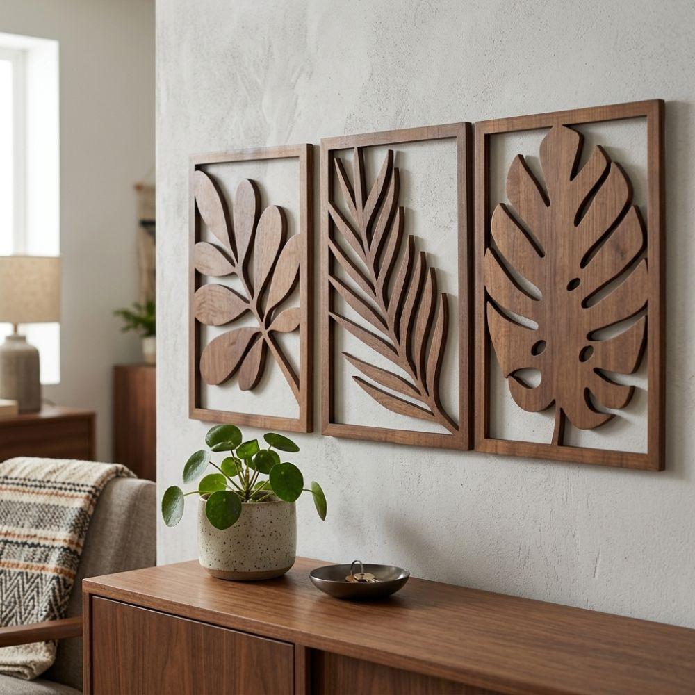 3Pcs Artistic Wooden Tropical Leaves Wall Sign Rustic Plant Wall Ornament  Indoor Home Decor