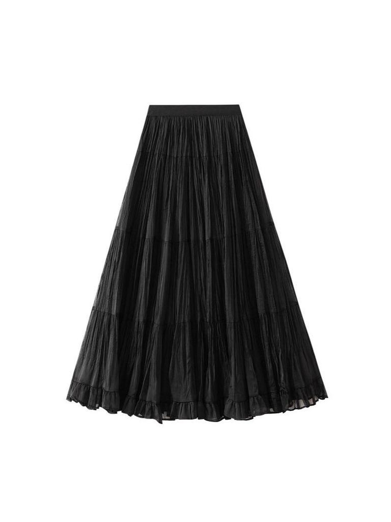 Summer Midi Flare High-Waist Mesh A-Line Pleated Skirt 9361
