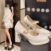Mary Jane Shoes Spring 2025 New One-word with Sexy High Heels Patent Leather Round Head Thick Heel Waterproof Table Shoes