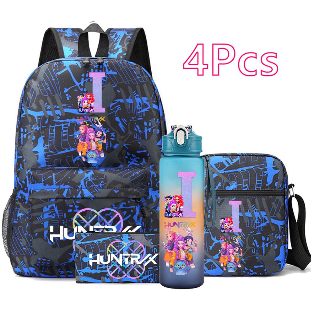 4 st/set Anime Tryckt Ryggsäck Stor Kapacitet Bokväska Axelväska Fodralväska med 750 ml Vattenflaska Pojke Flicka Skolväska Mochila