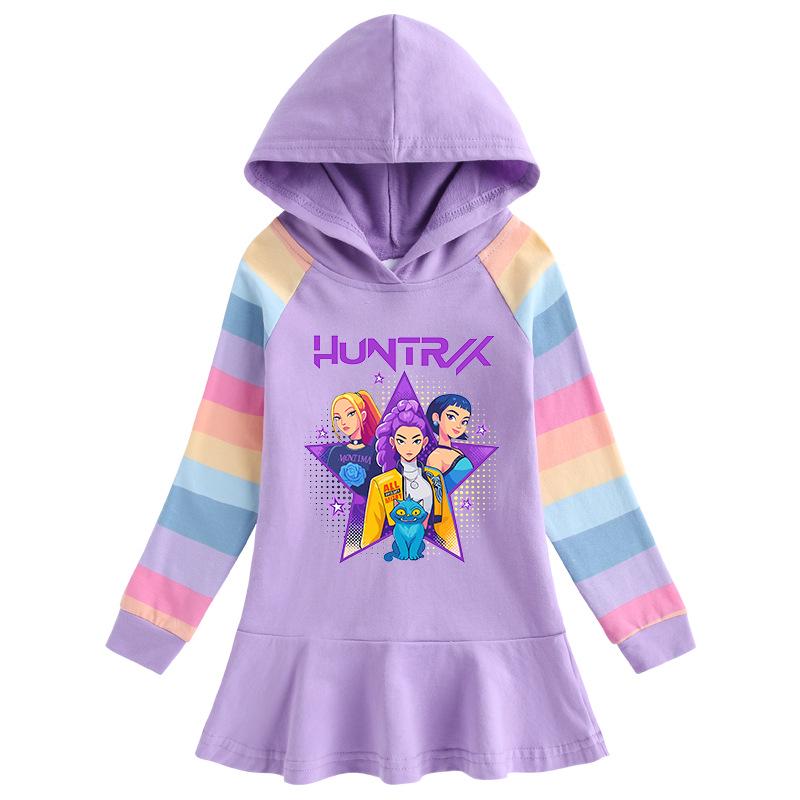 Kpop Demon Hunter Girl Rainbow Ruffle Dress - Long Sleeve Hooded Princess Style 90cm лавандовый