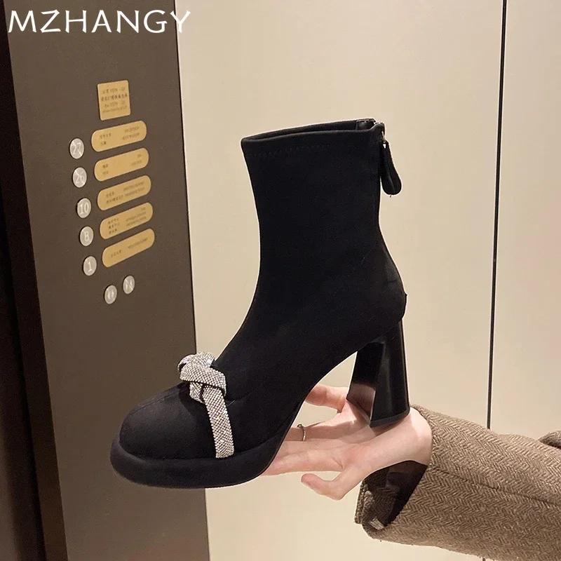 Mode Hohe Absätze Kristall Damen Stiefeletten Wildleder Sexy Klobige Schuhe Frau 2025 Trend Elegante Chelsea Boots Pumps Neu Winter Mujer Botas