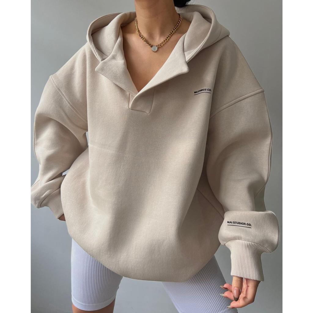 Women's Hood Neck Long Sleeve Fleece Lined Hoodie Loose Fit Daily Commuter Casual Pullover Sweatshirt