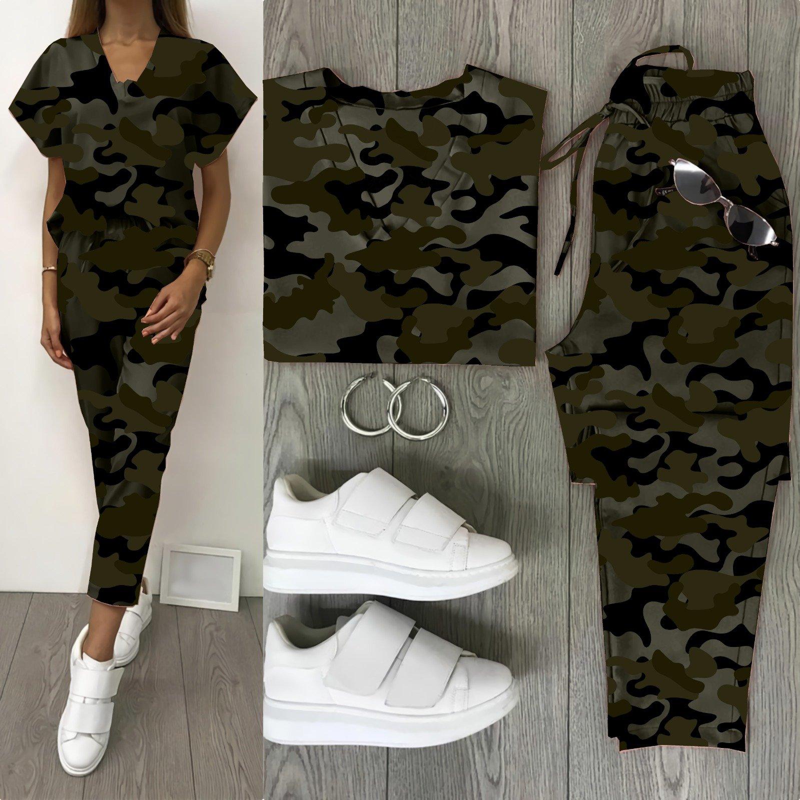 

Жіночий подвійний костюм з пісочної тканини з V-подібним вирізом і цифровим принтом S-M