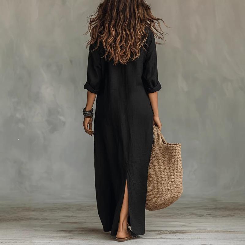 Sommerkleid Damen Umlegekragen Langarm Knopf Locker Maxi-Kleider Vintage Party-Hemdkleid A-Linie Strandkleid Boho