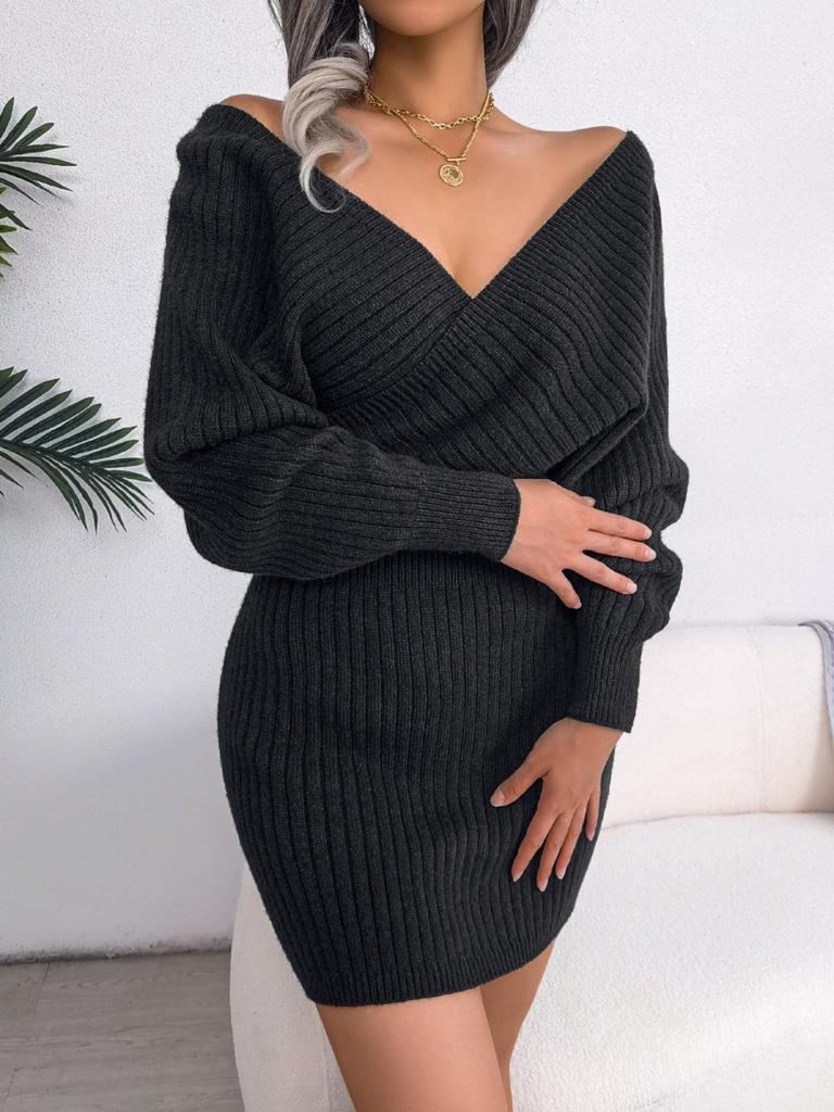 Svetrové šaty s výstřihem do V a křížením, jednobarevné, elegantní, s dlouhým rukávem, bodycon, volné šaty, ležérní netopýří šaty