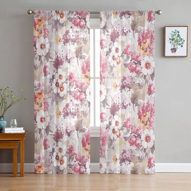 Spring Brown Background Peach Blossom Tulle Curtains For Living Room Home Decor Window Curtain Kitchen Sheer Voile Curtain