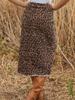 Leopard Print High-Waisted Slit Denim Midi Skirt for Women
