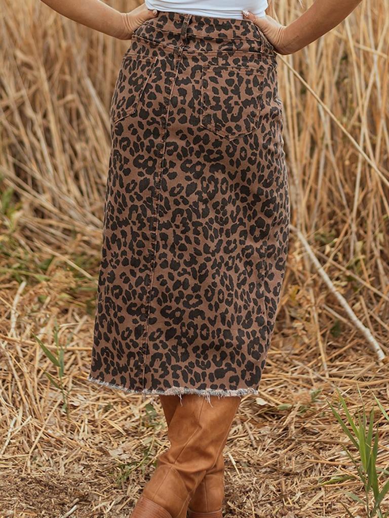Leopard Print High-Waisted Slit Denim Midi Skirt for Women