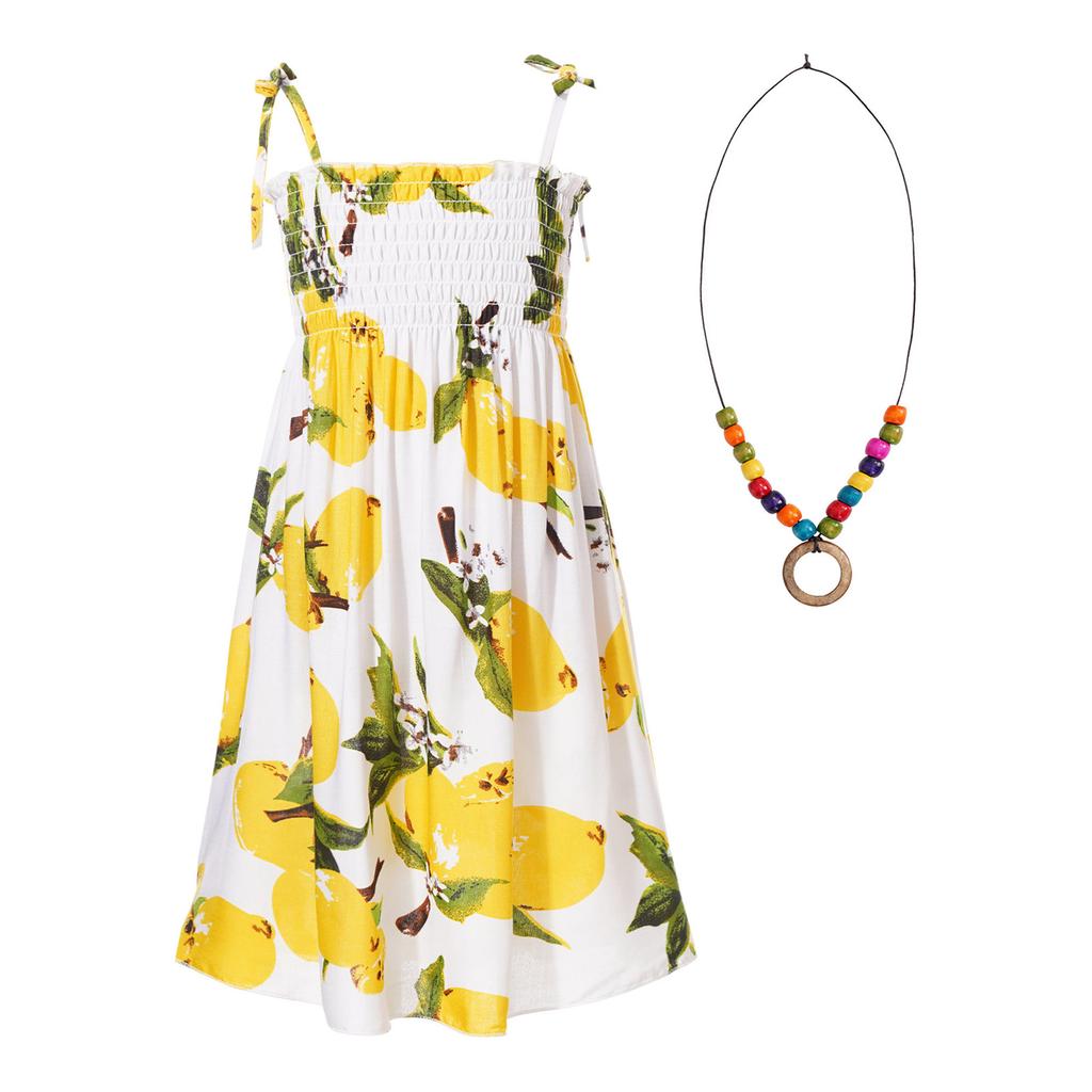 Girls Bohemian Beach Dress Off Shoulder Floral Sleeveless Rainbow Straps Suspender Dress with Necklace Summer Outfit