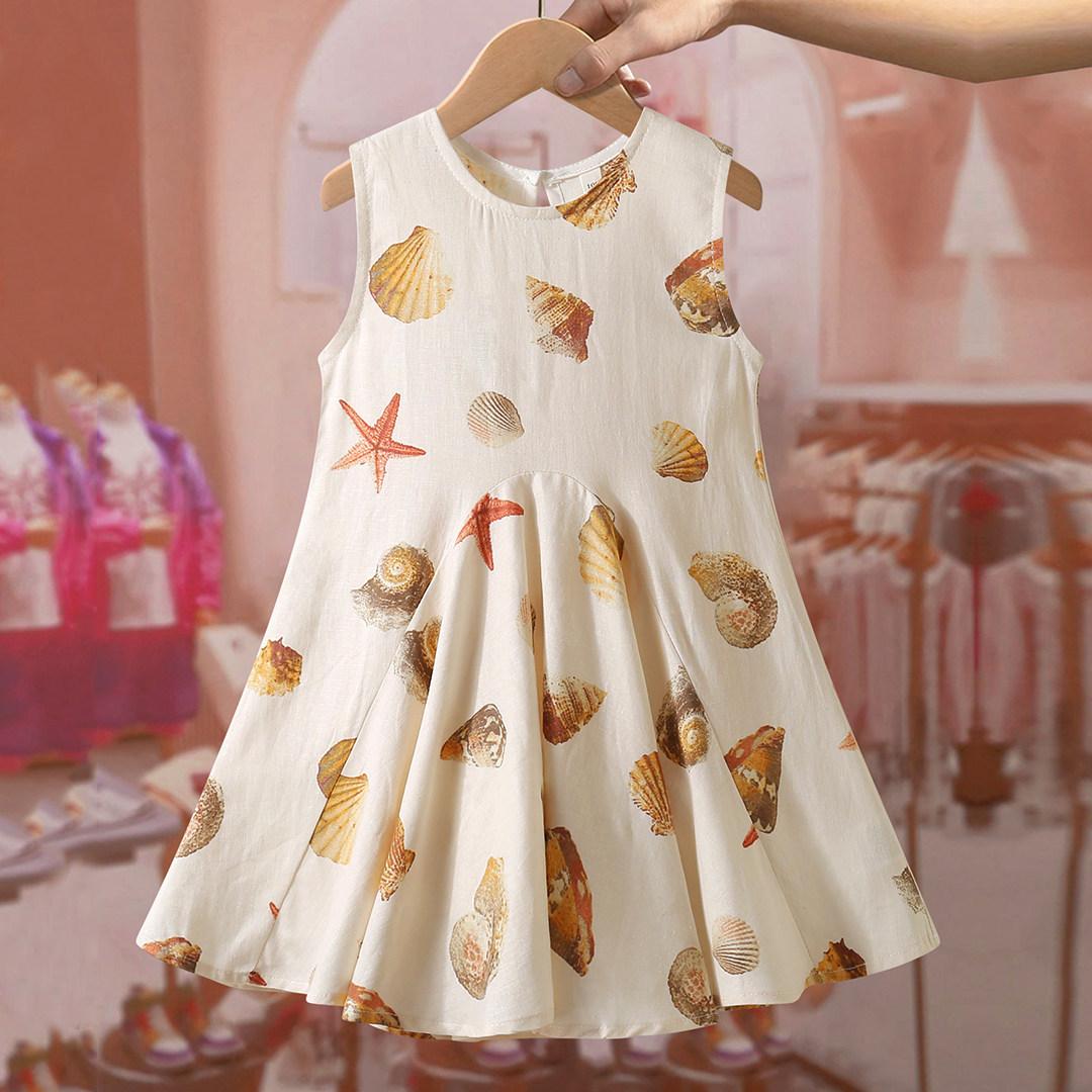 Girls Summer Linen Cotton Sleeveless Dress Flowy Thin Princess Vest Dress for Beach Vacation 90cm