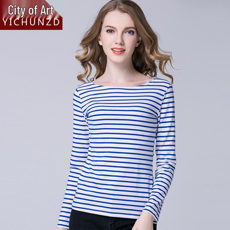 2022 Women's Slimming One-Shoulder Black & White Striped Long Sleeve T-Shirt