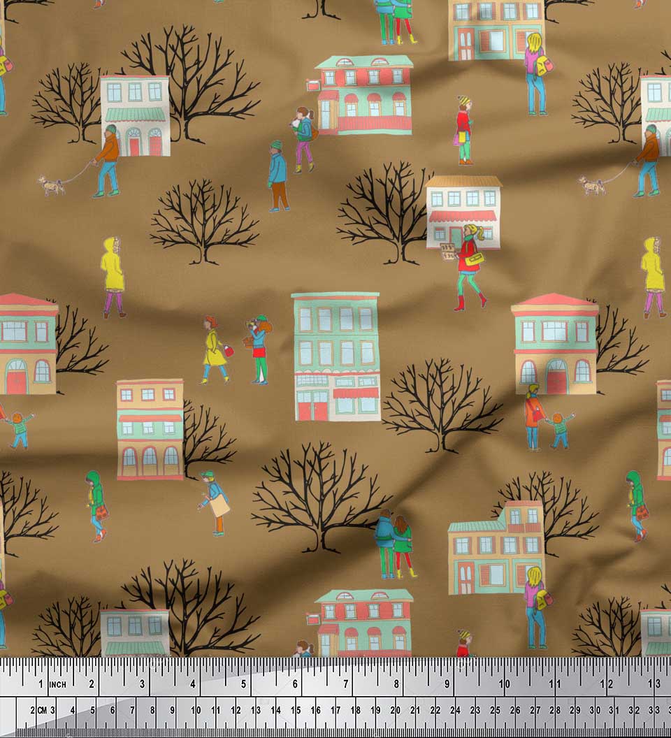

Soimoi Blue Japan Crepe Satin Fabric House, Tree & Humans Winter Theme Printed Тканина 1 метр 42 дюйма 42 Inch Wide - Poly Crepe коричневий