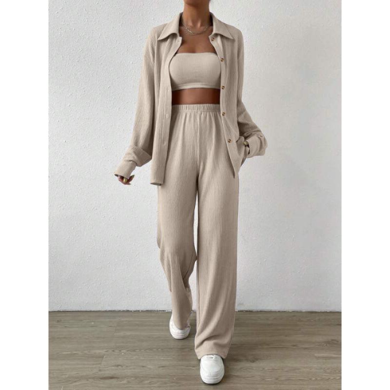 Autumn and Winter Solid Color Button Cardigan Lapel Casual Fashion Women's Two-piece Set