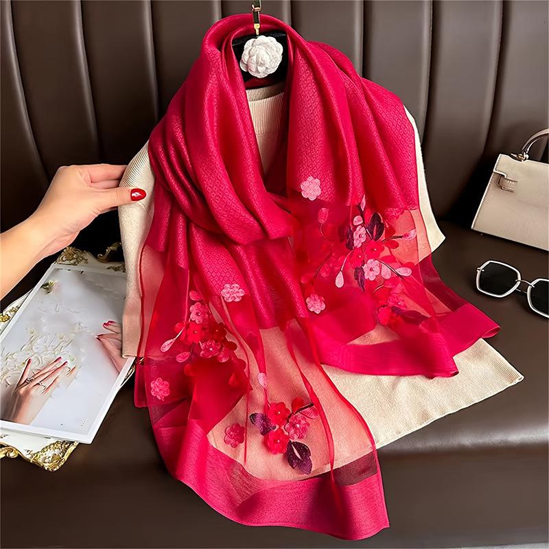 Spring and Autumn Bead Simulation Silk Scarf Female Elegant Versatile Embroidered Begonia Flower Long Scarf Summer Sunscreen Scarf