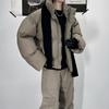 Men's and Women's Vintage PU Leather Puffer Jacket Short Quilted Coat American Retro Stand Collar Unisex Couple Outerwear