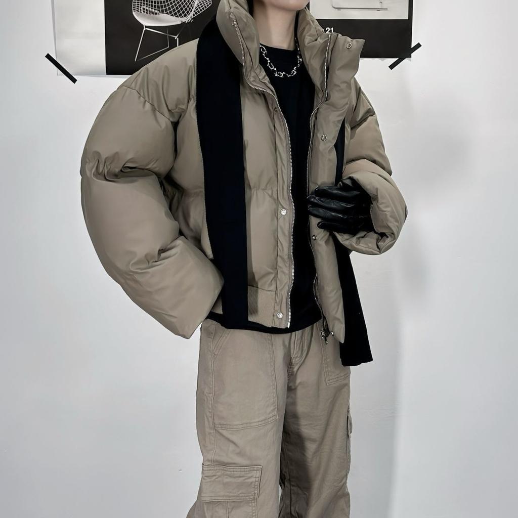 Men's and Women's Vintage PU Leather Puffer Jacket Short Quilted Coat American Retro Stand Collar Unisex Couple Outerwear