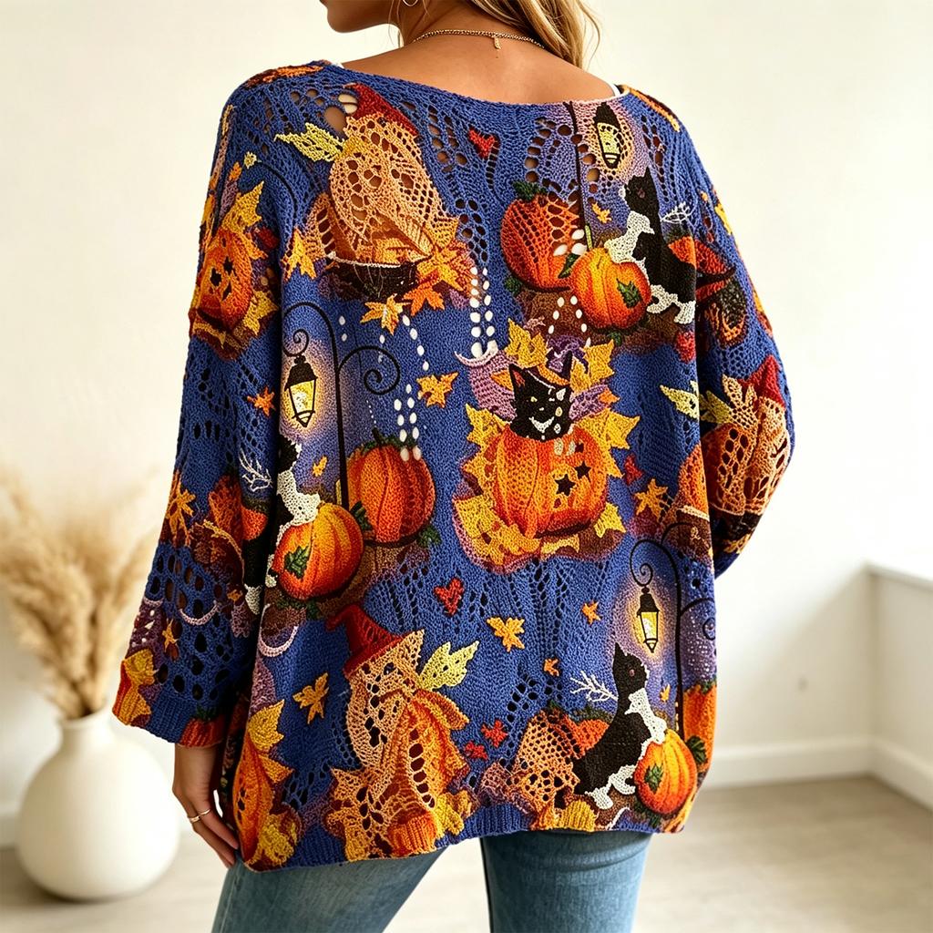 Women's Casual Halloween Pumpkin Print Long Sleeve Top with Off-the-Shoulder Neck, Cutout and Sleeves