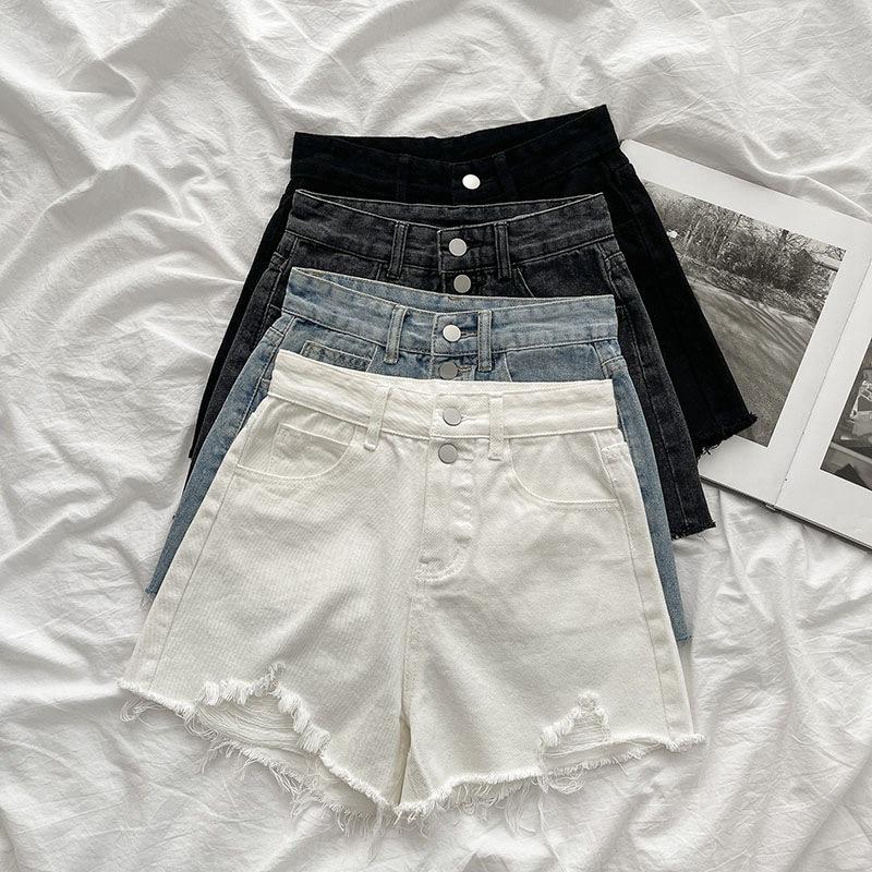 Klassische und minimalistische Mode Vielseitige High-Waist Destroyed Löcher Damen Sommer Locker Dünn Weitbeinige Son Denim Shorts Individualität Trendigkeit