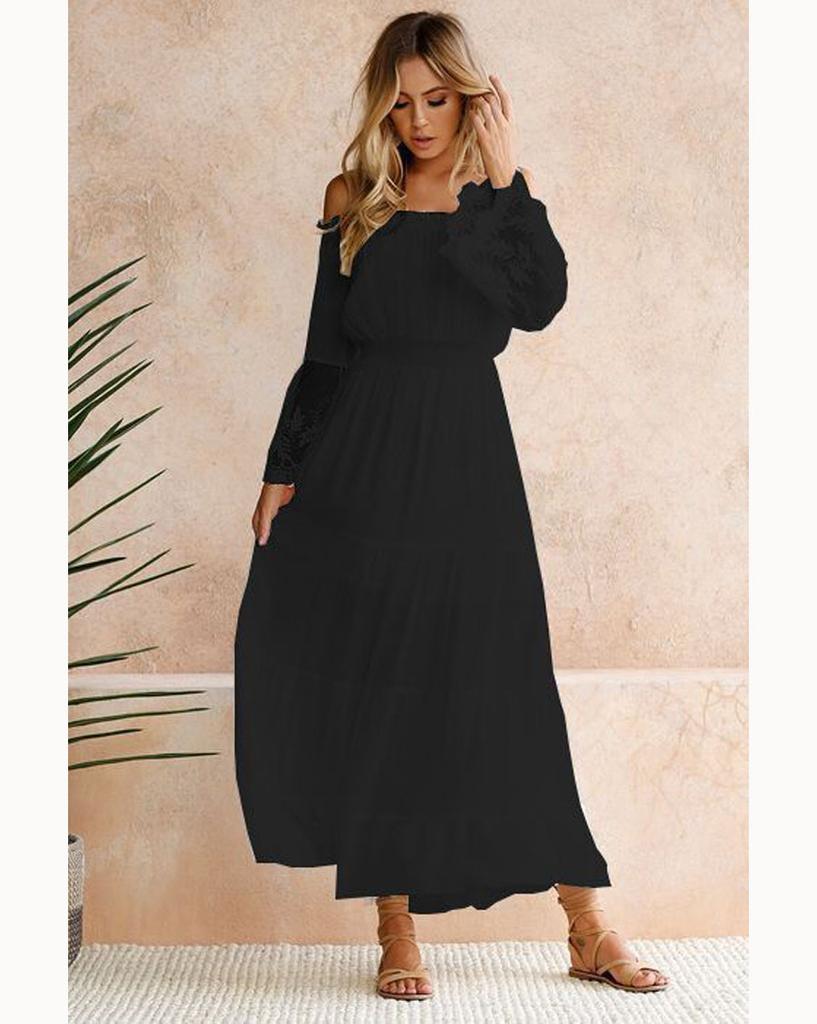 Dámské šaty s odhalenými rameny, krajkovou nášivkou, dlouhým rukávem, večerní párty šaty, trendy nezbytnosti, módní všestranné outfity