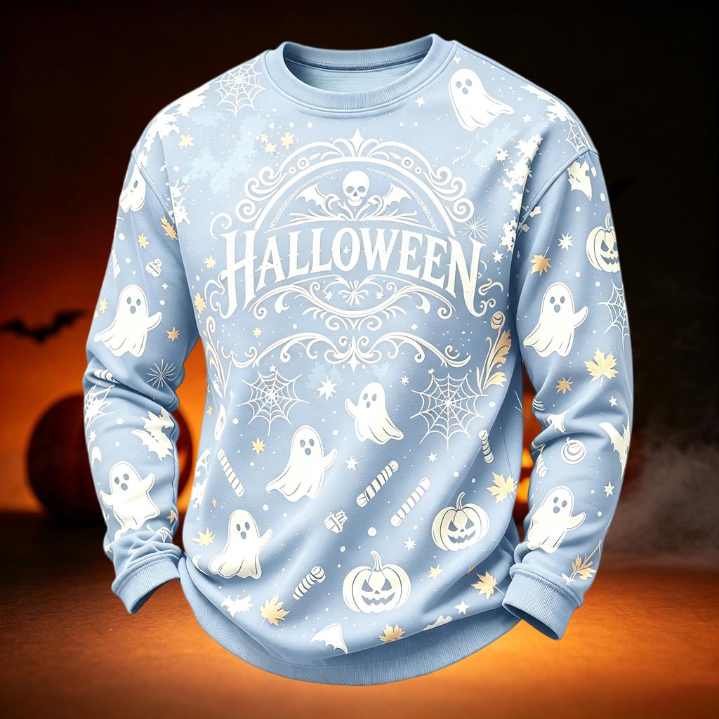 Men's Casual Round Neck Long Sleeve Top with Halloween Print