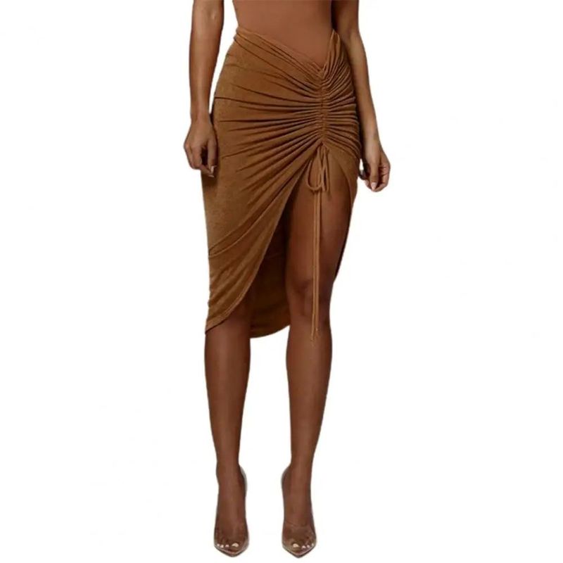 

Solid Color Slim Fit Irregular Skirt Pure Color Drawstring Silm Asymmetrical Skirt BROWN L(L)