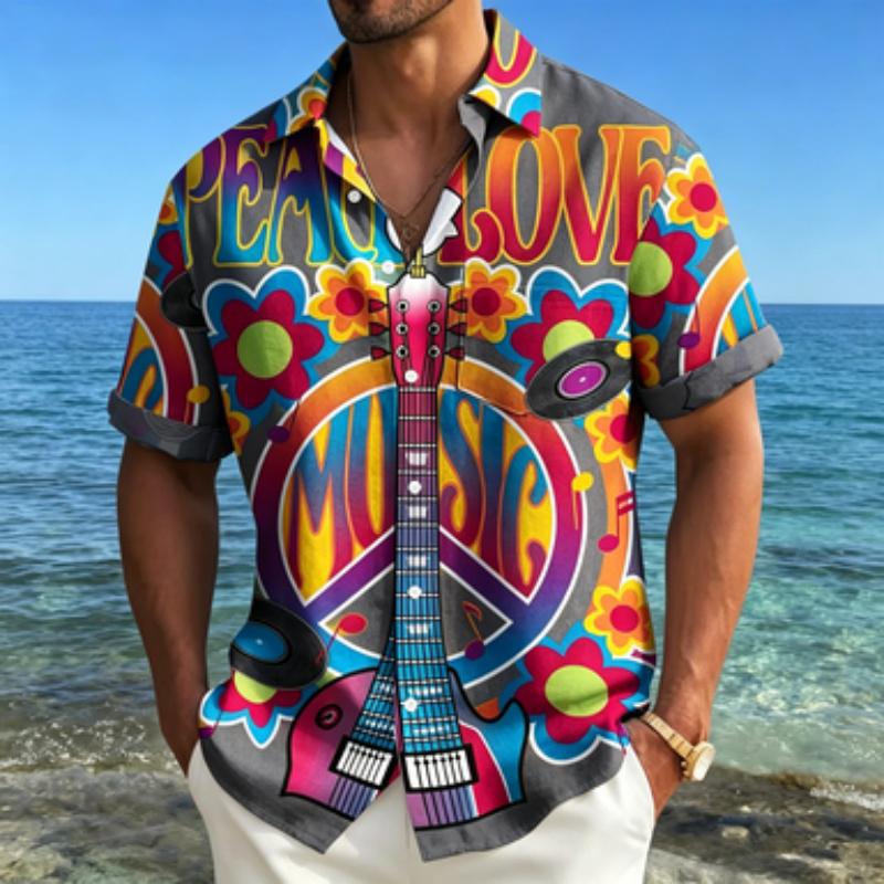 Men's Short Sleeved Shirt with Lapel Collar, Retro Guitar and Peace Logo Printed Shirt, Hippie Style Music Floral Printed Top