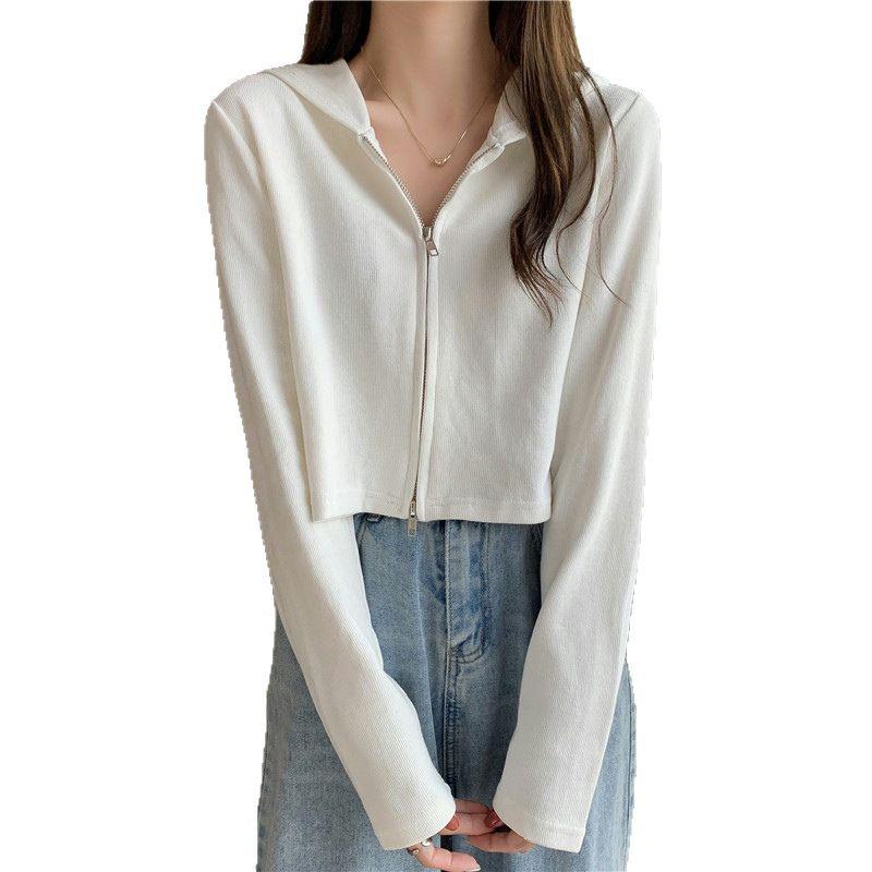 Women's Slim Fit Double Zipper Hooded Cardigan - American Style, Spring/Autumn 2025 Korean Fashion