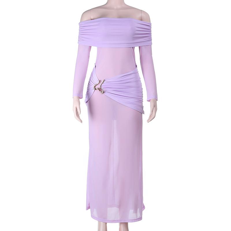 Autumn and Winter New One-word Shoulder Mesh Sexy Spice Slim Long-sleeved Dress Women