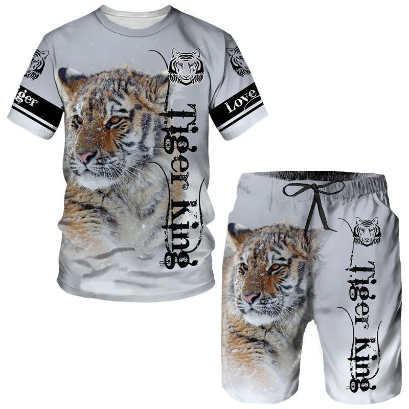 Summer Men's 3D Tiger Print Men's T-shirt Suit Casual Sportswear Streetwear Male Clothing Tracksuit Outfit Shorts 2 Pieces