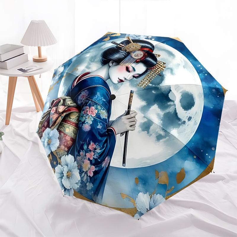 Geisha, Moonlit Night Themed Automatic Opening and Closing Umbrella, Brightly Colored 8 rib Portable Umbrella, Suitable for Men and Women, A